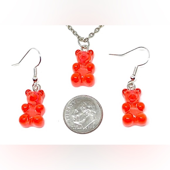 Orange Red Gummy Bear Pendant Necklace and Earrings Set Acrylic Kawaii Kitschy - Picture 2 of 2